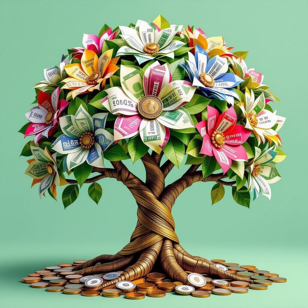 Prosperity Tree: Banknotes and Coins Symbolizing Growth