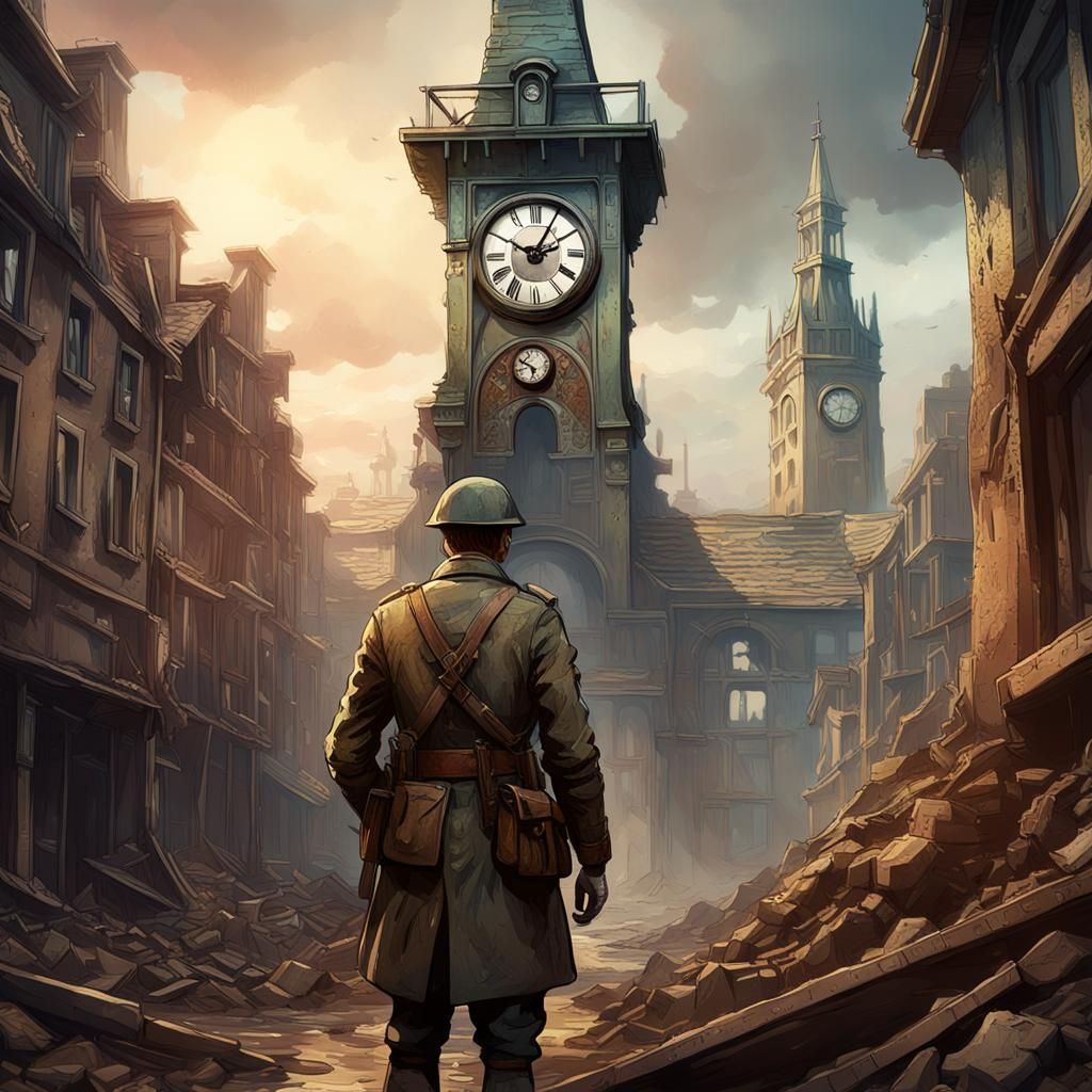 WWI Soldier in Trench, Art Nouveau Style