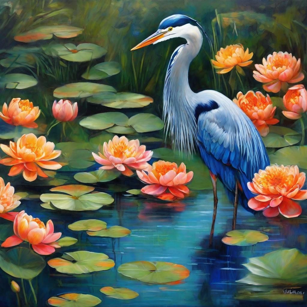 Graceful Heron in Lush Pond: Hyperrealistic Splash Art