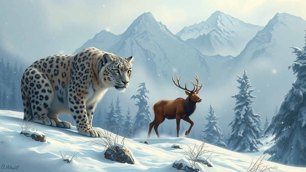 Snow Leopard Hunting Elk in Winter Landscape