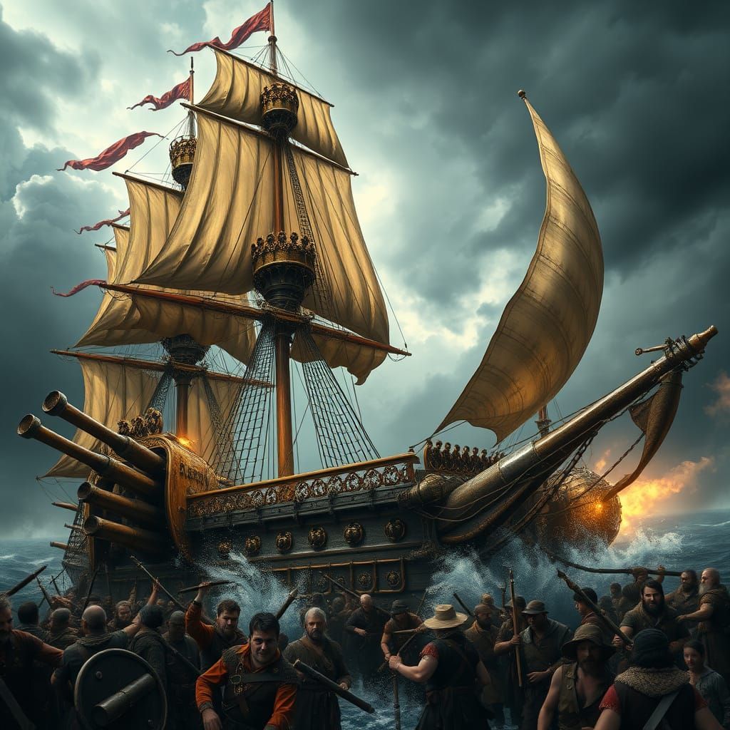 Majestic 17th-Century Galleon in Turbulent Stormy Skies