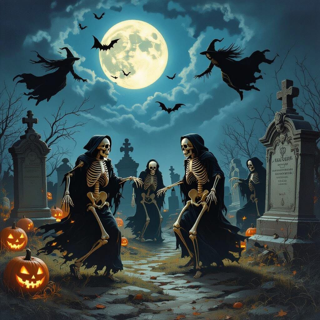 Graveyard Skeletons Dance Under the Moon
