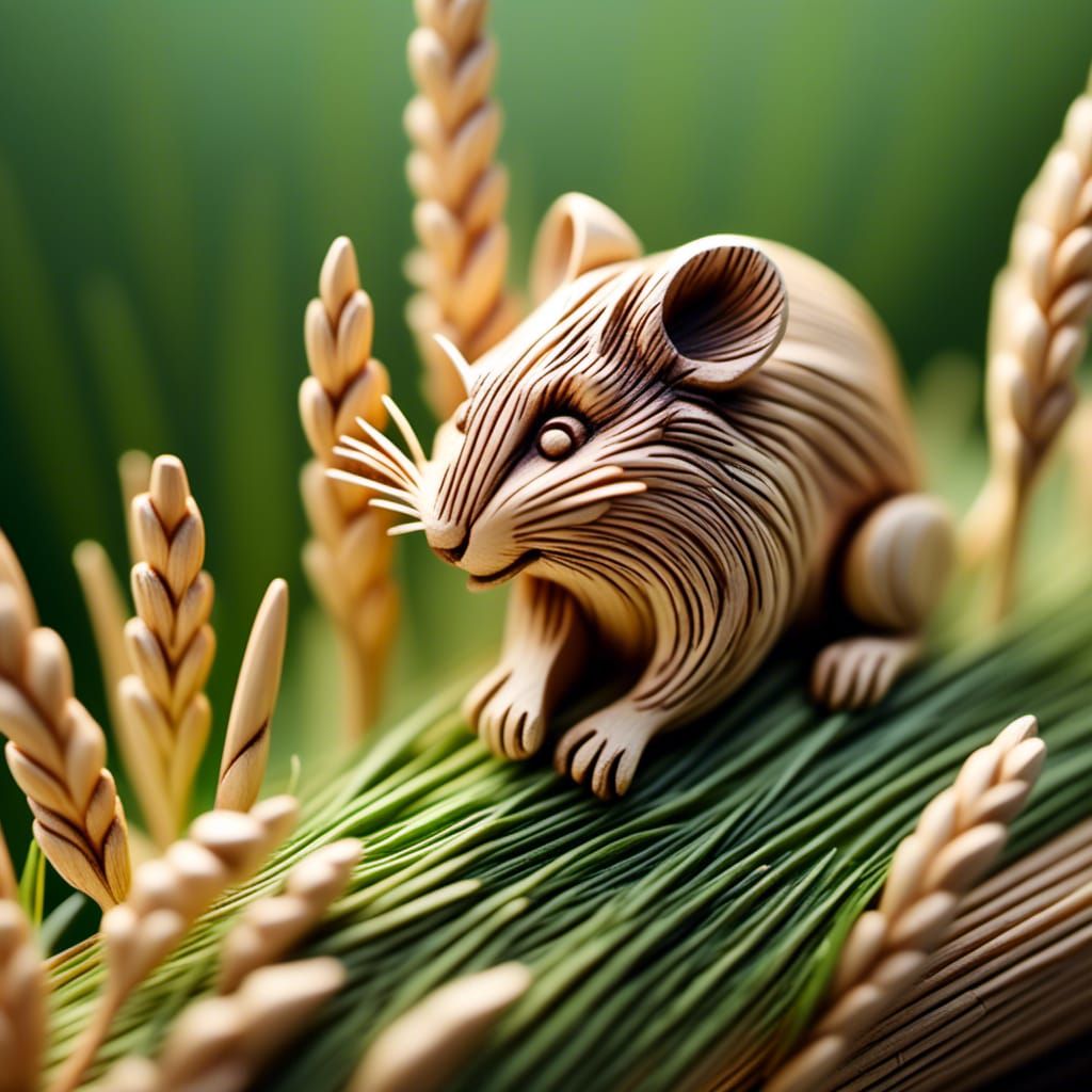 Detailed Wooden Carving of a Mouse on Wheat