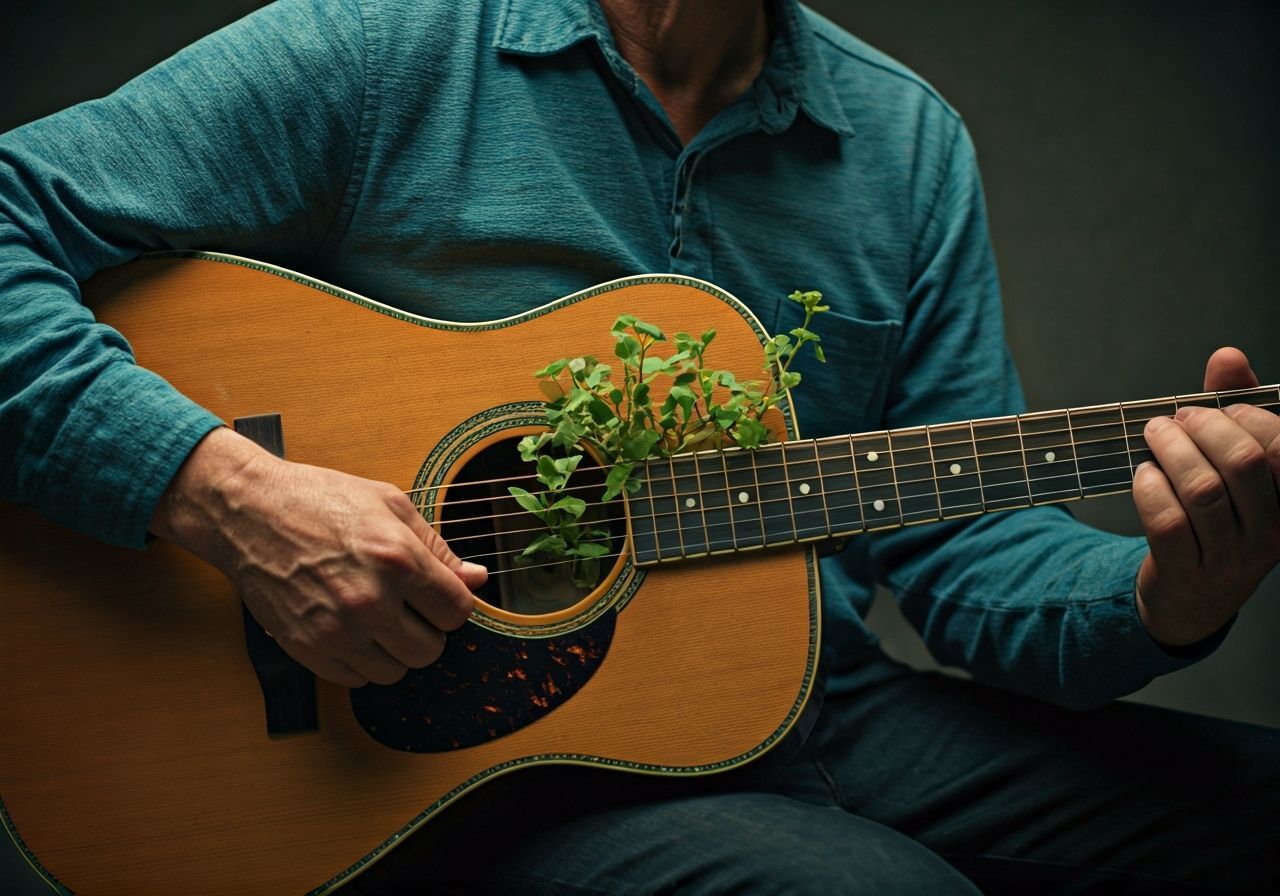 Man Plays Guitar with Garden Inside, Cinematic Style