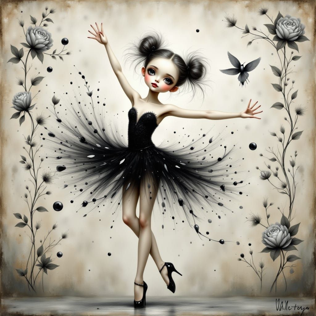 Ballerina in Art Nouveau Style with Feathers