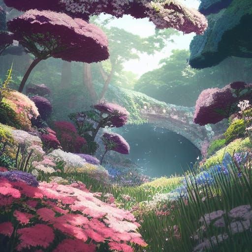 Ghibli-Style Flower Garden Cave in Anime Art