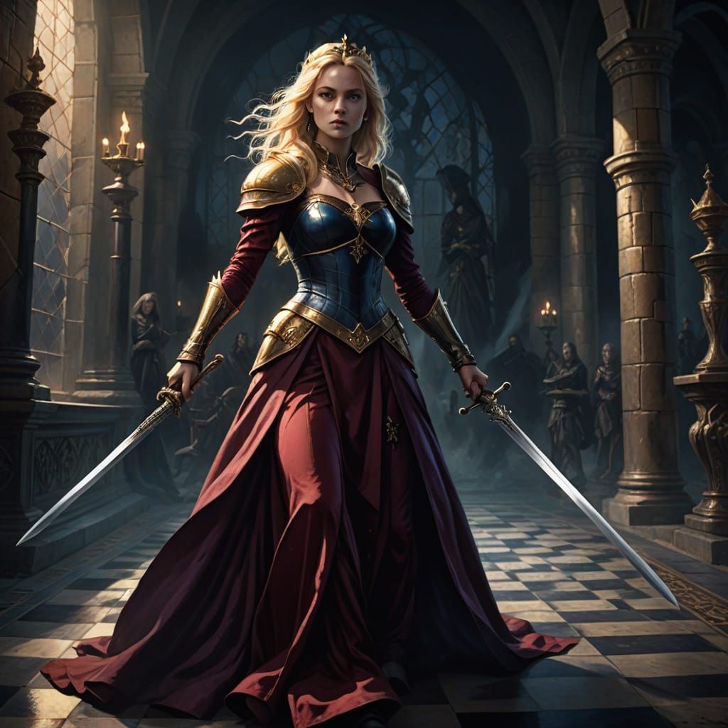 Blond Princess on Chessboard in Dark Fantasy Art