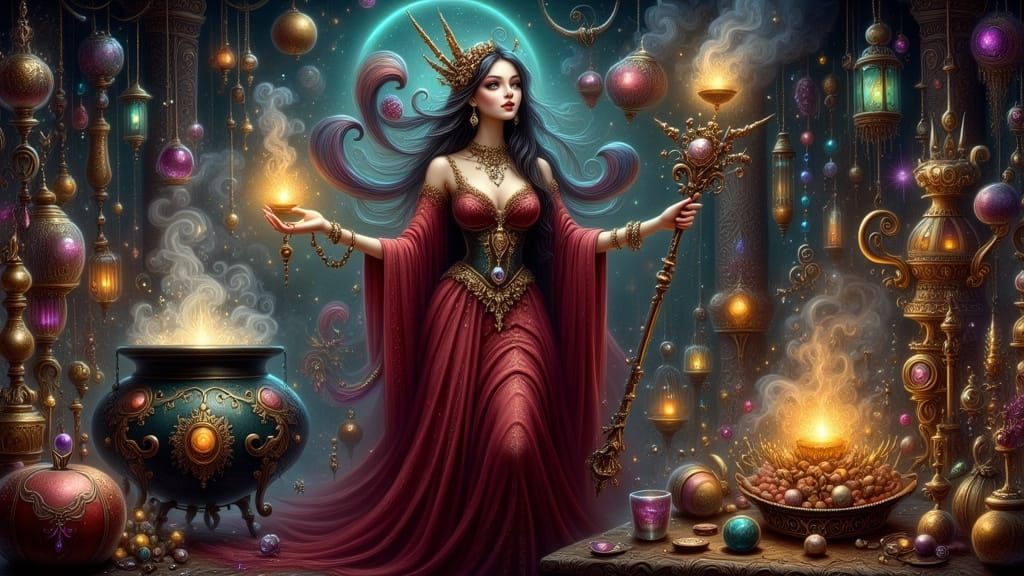 Curvy Sorceress Casting Spells in Ancient Chamber