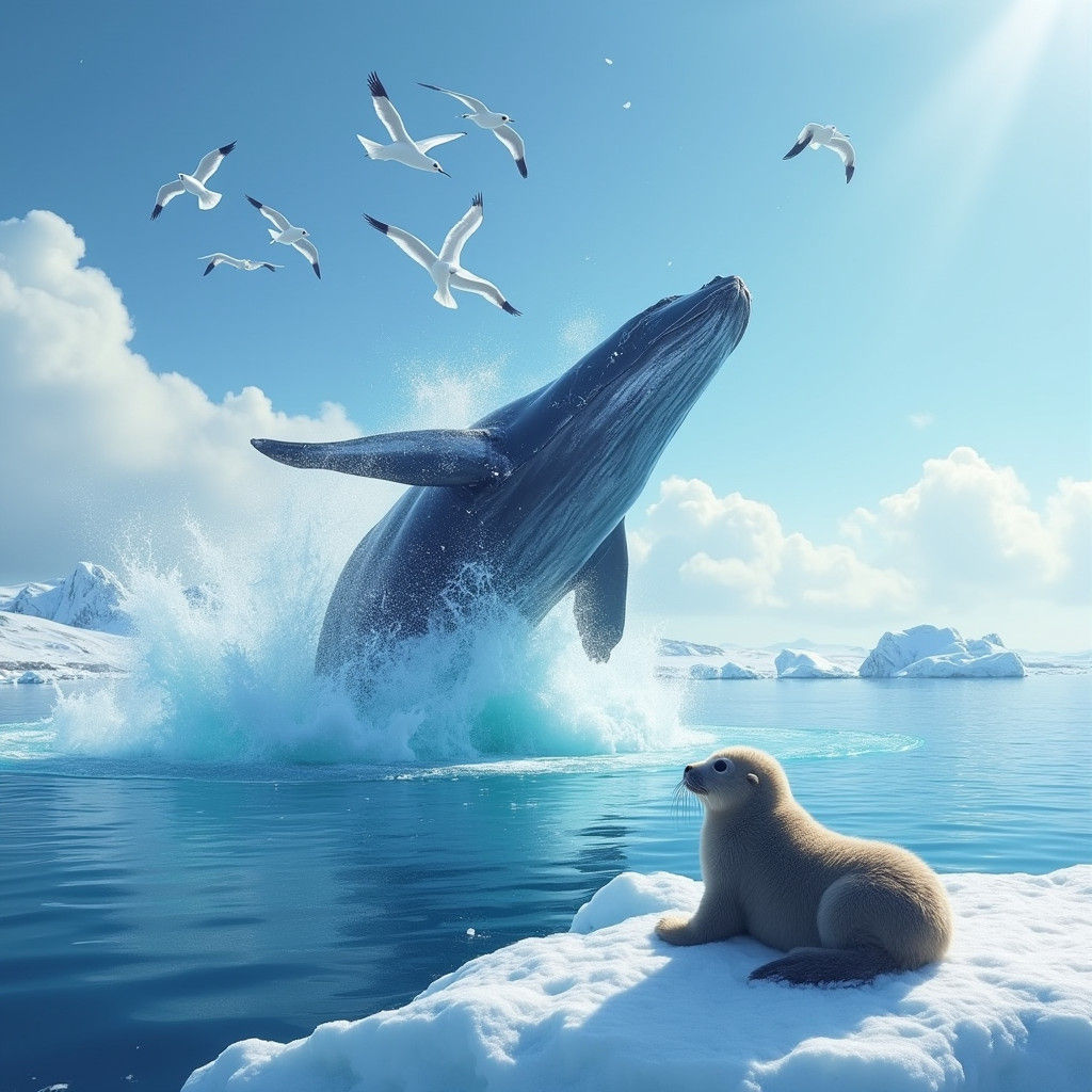 Arctic Baby Seal and Leaping Whales in Winter