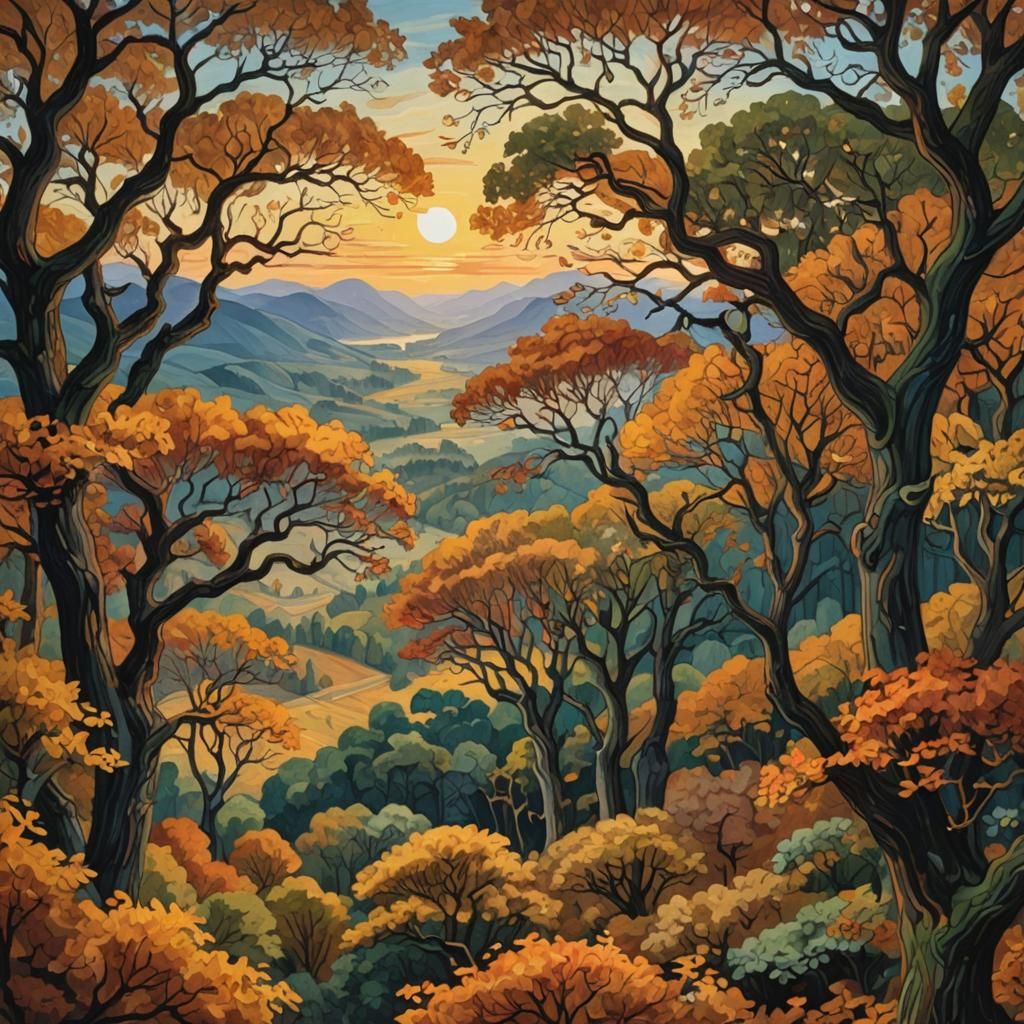 Autumn Sunset Over Forest in Post-Impressionist Style
