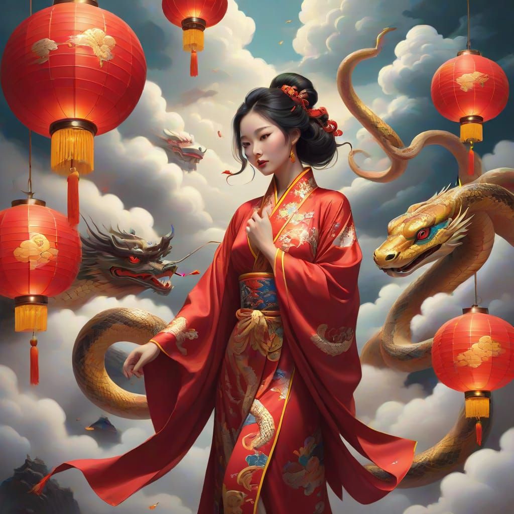 Majestic Chinese Snake Amidst Vibrant Festivities in Contemp...