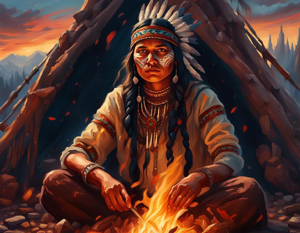 Native American Woman by Campfire in Acrylic Style