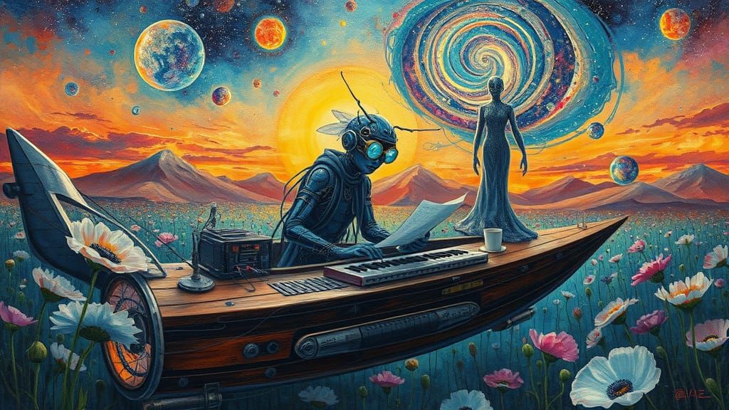 Galactic Spaceship Sails Through Glass Forest at Sunset