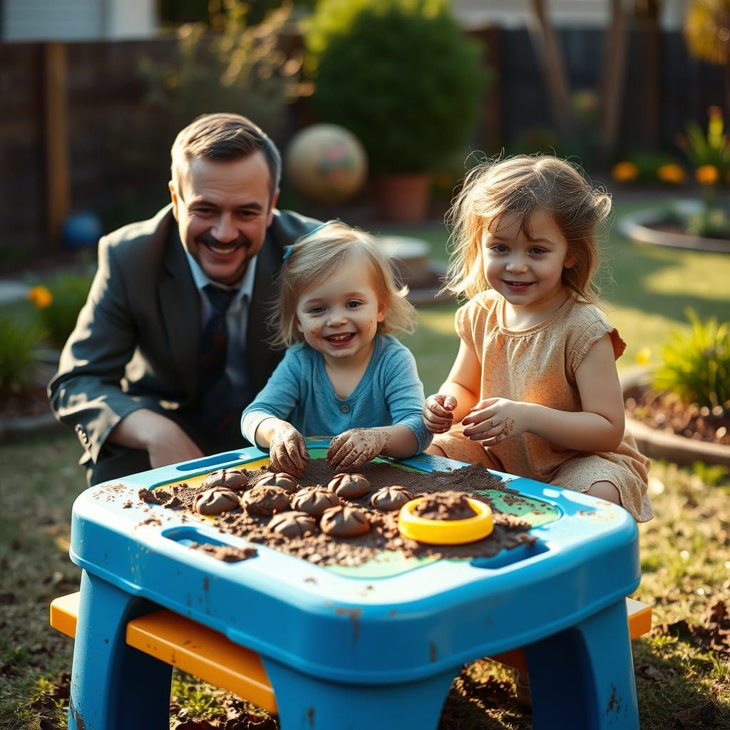 Girl and Father Crafting Mud Pies in Sunlight