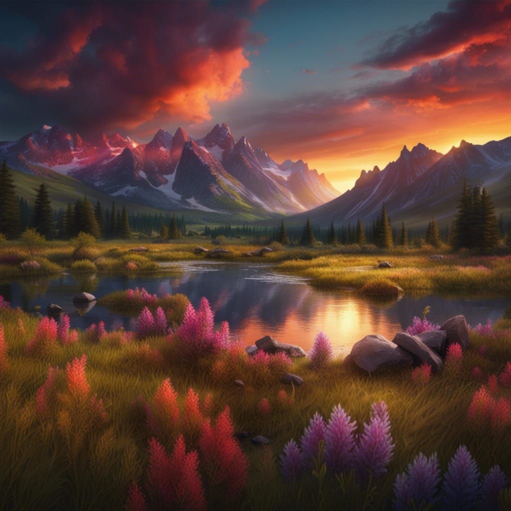 Colorful Sunset Over Mountain Valley Meadow