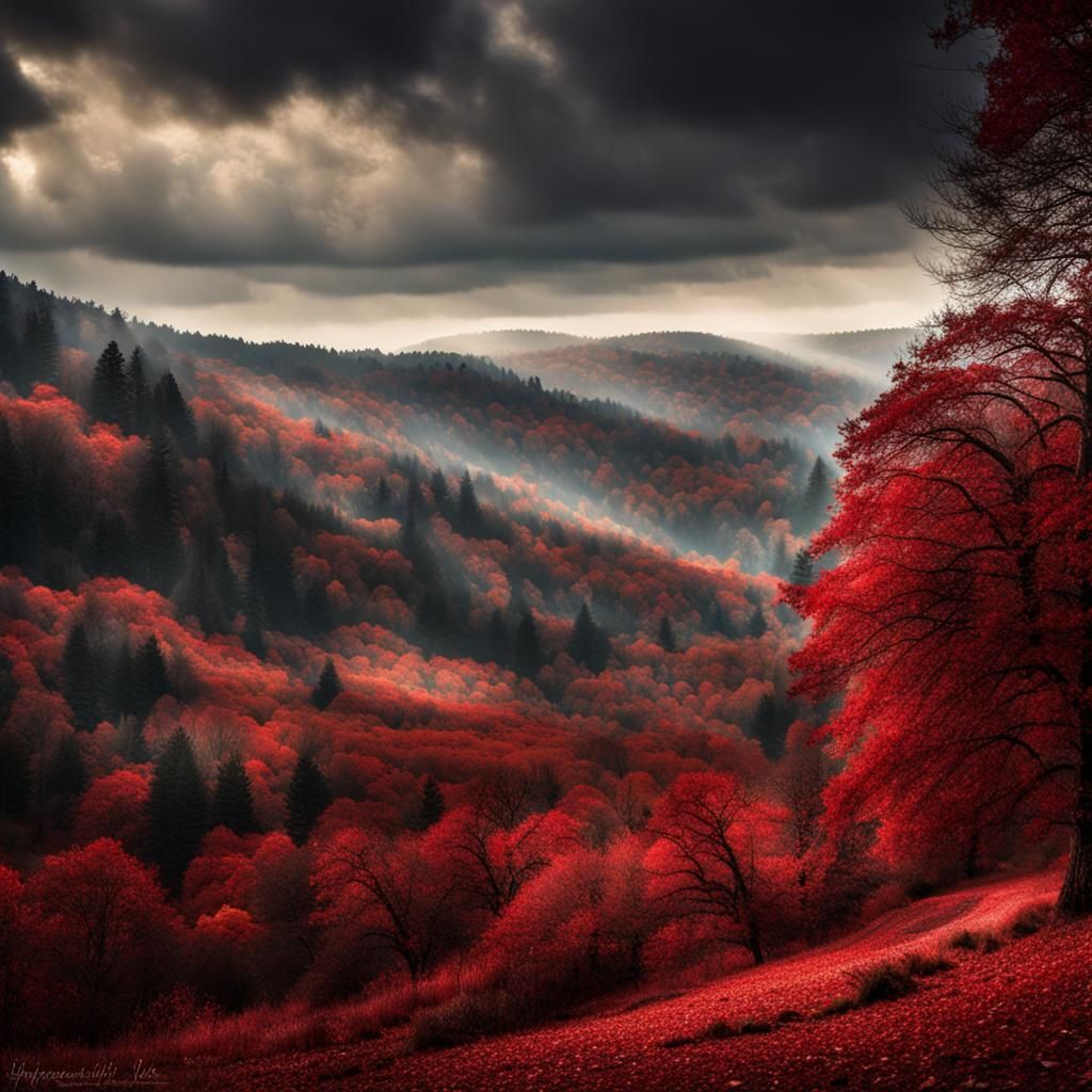 Clearing with Heart-Shaped Red Leaf Trees, Hyperrealistic