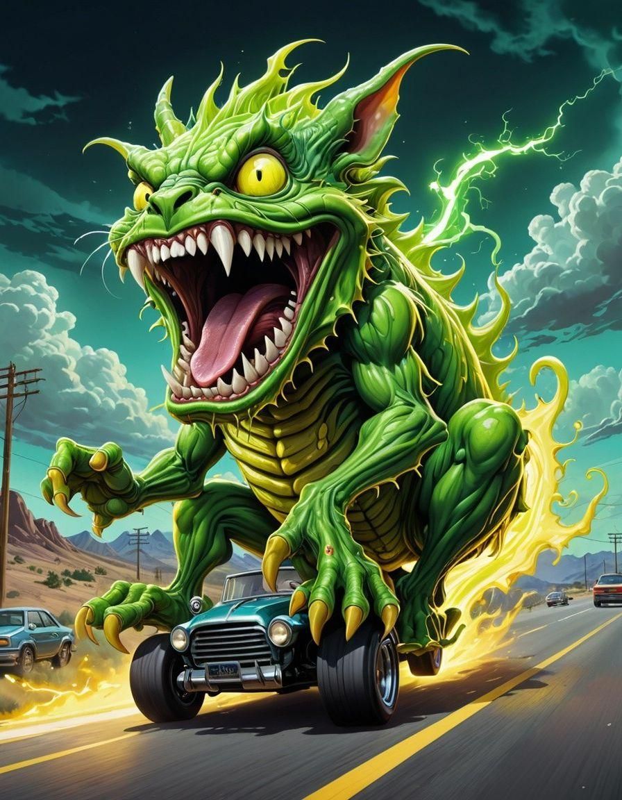 Fluorescent Rat Fink Monster in Ed Roth Style