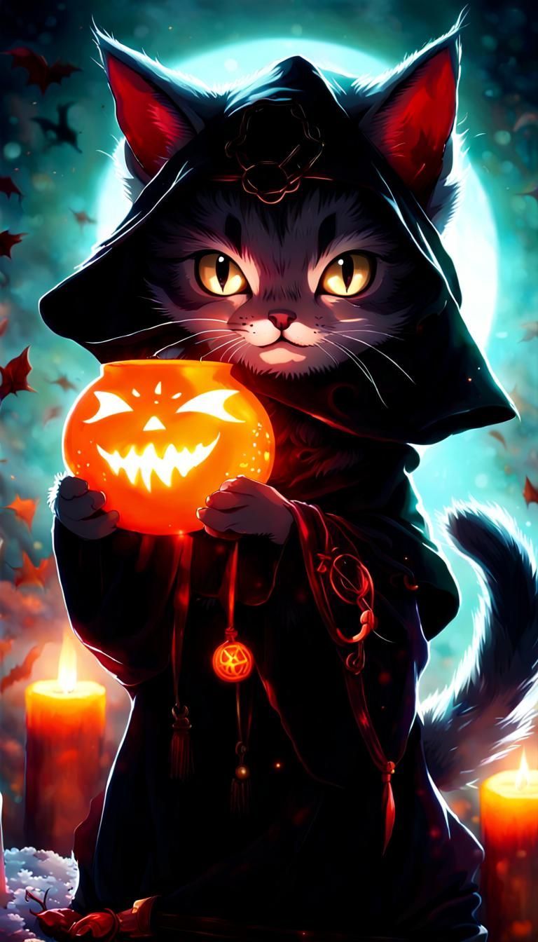 Anthropomorphic Kitten at Crimson Candlelit Ritual