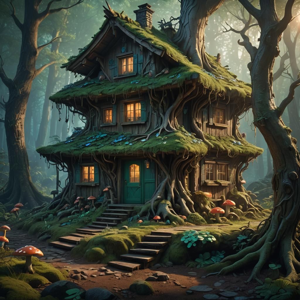 Mystical Forest House with Glowing Mushrooms
