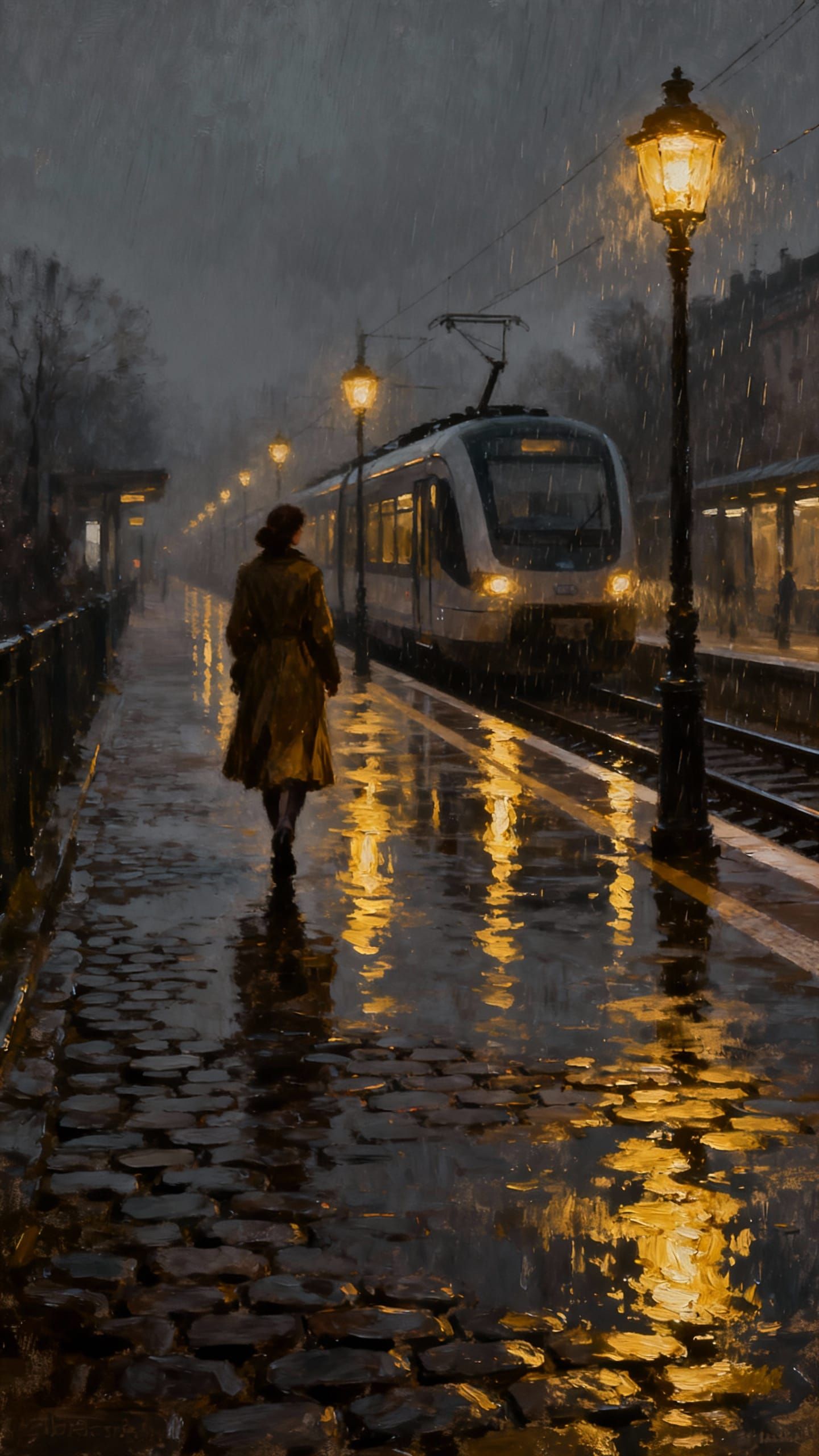 Lonely Woman on Rainy Train Platform at Night, Impressionist...