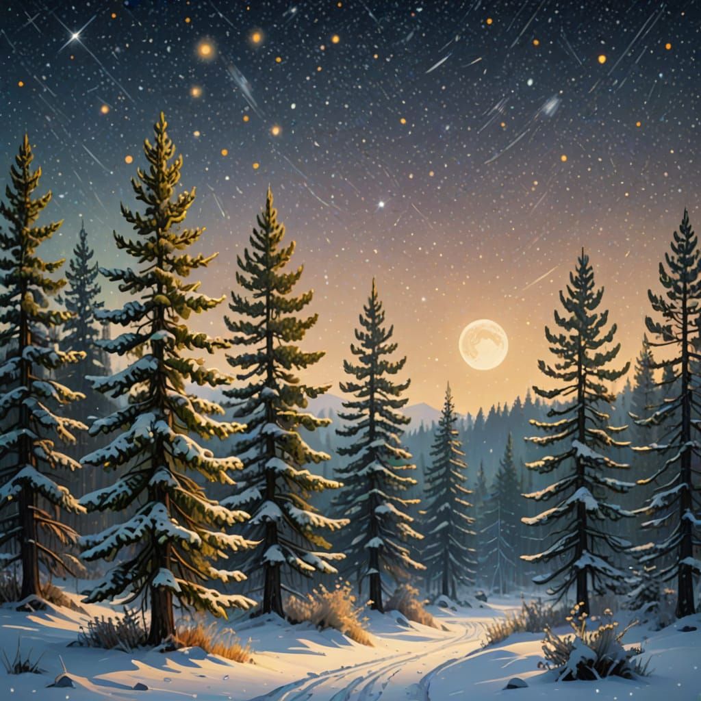 Surrealist Pine Forest Under Golden Starry Night