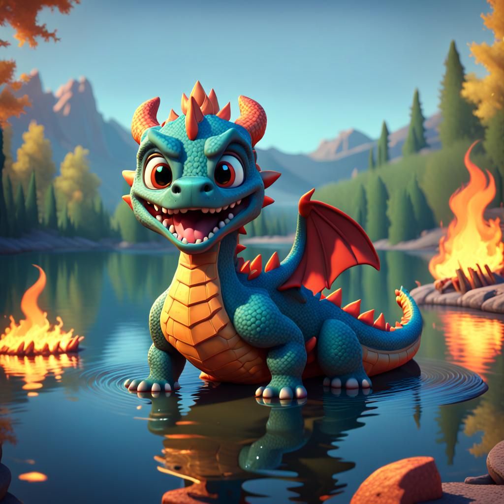 Dragon Cub Reflection in Lake: 3D Cartoon Art