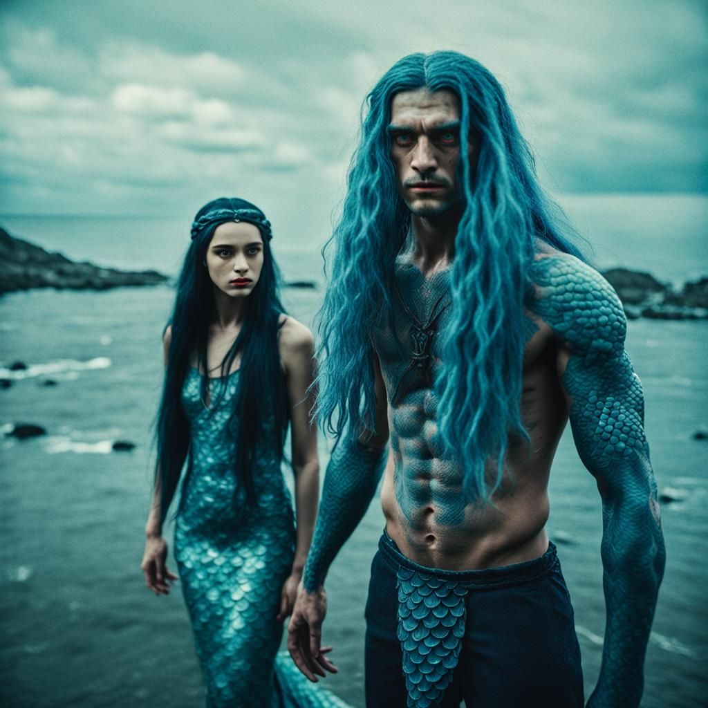 Mermaid Couple in a Cinematic Film Still
