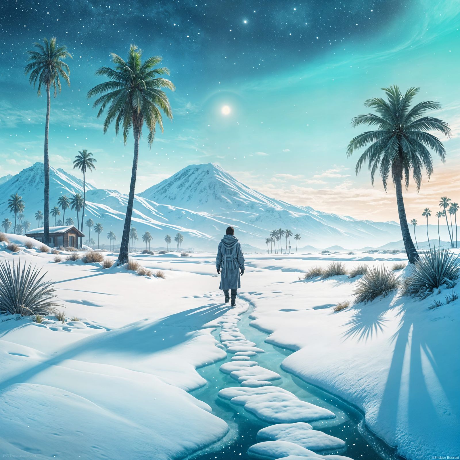 Snowy Tropical Oasis at Dusk in Hyperrealistic Style