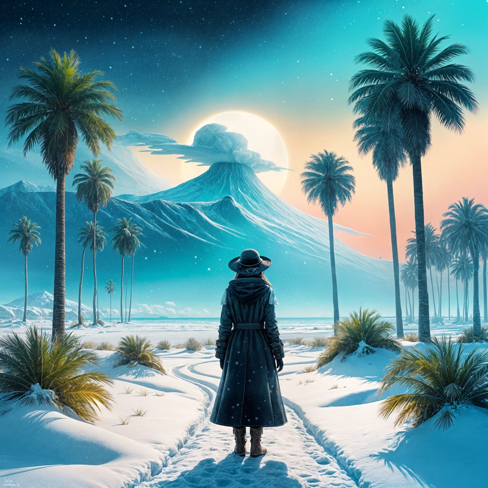 Bioluminescent Ocean in Snowy Palm Tree Landscape