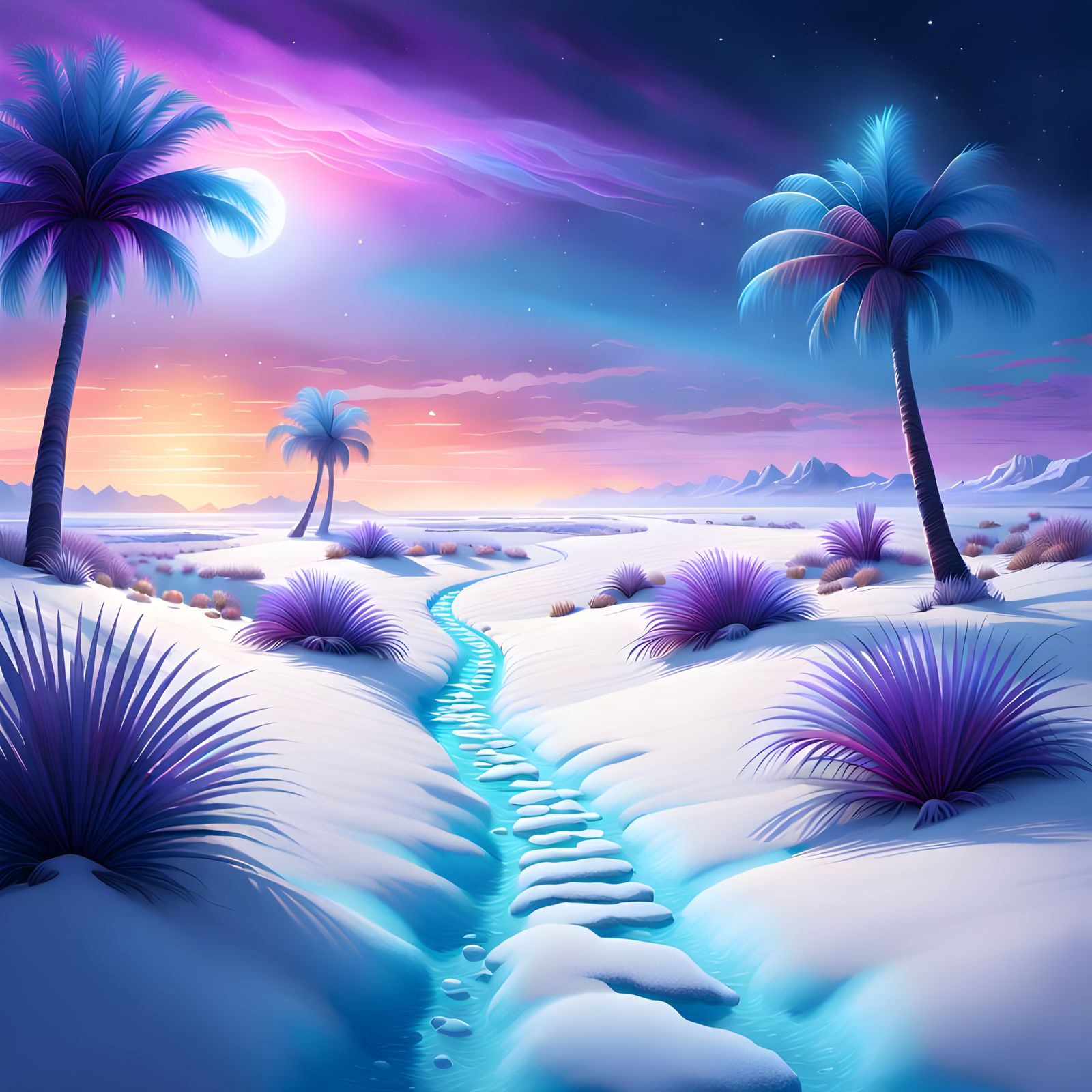 Snowy Flatland with Bioluminescent Ocean, Hyperrealistic Art