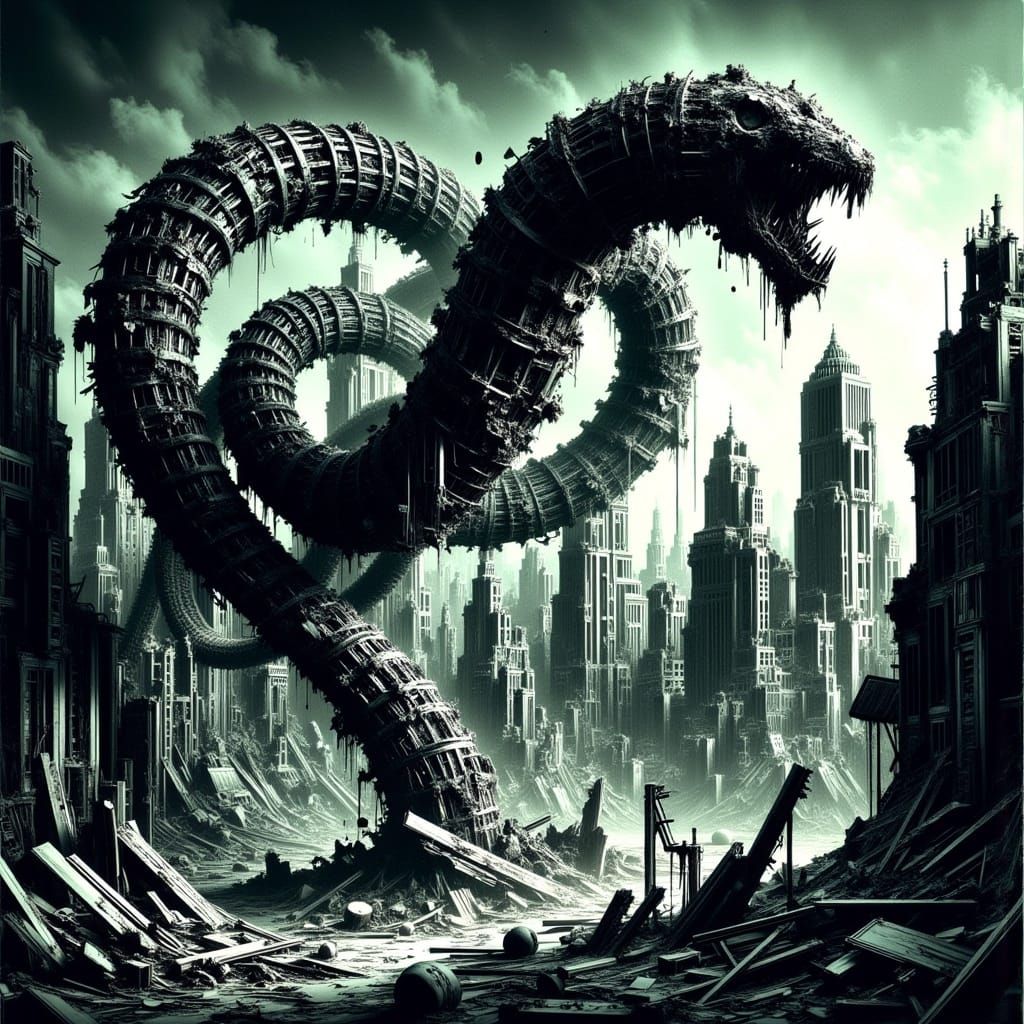 Colossal Biomechanical Worm Coiling Around Shattered Skyscra...