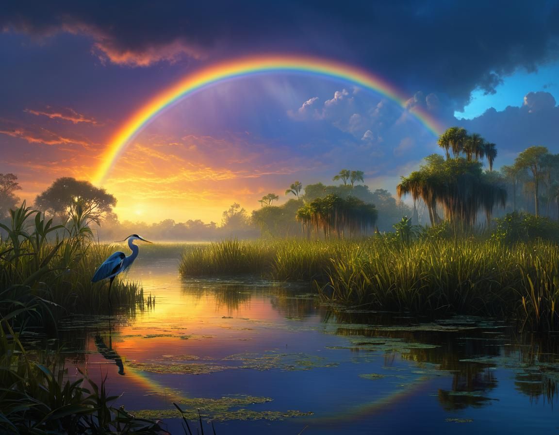 Heron in Everglades at Twilight with Rainbow