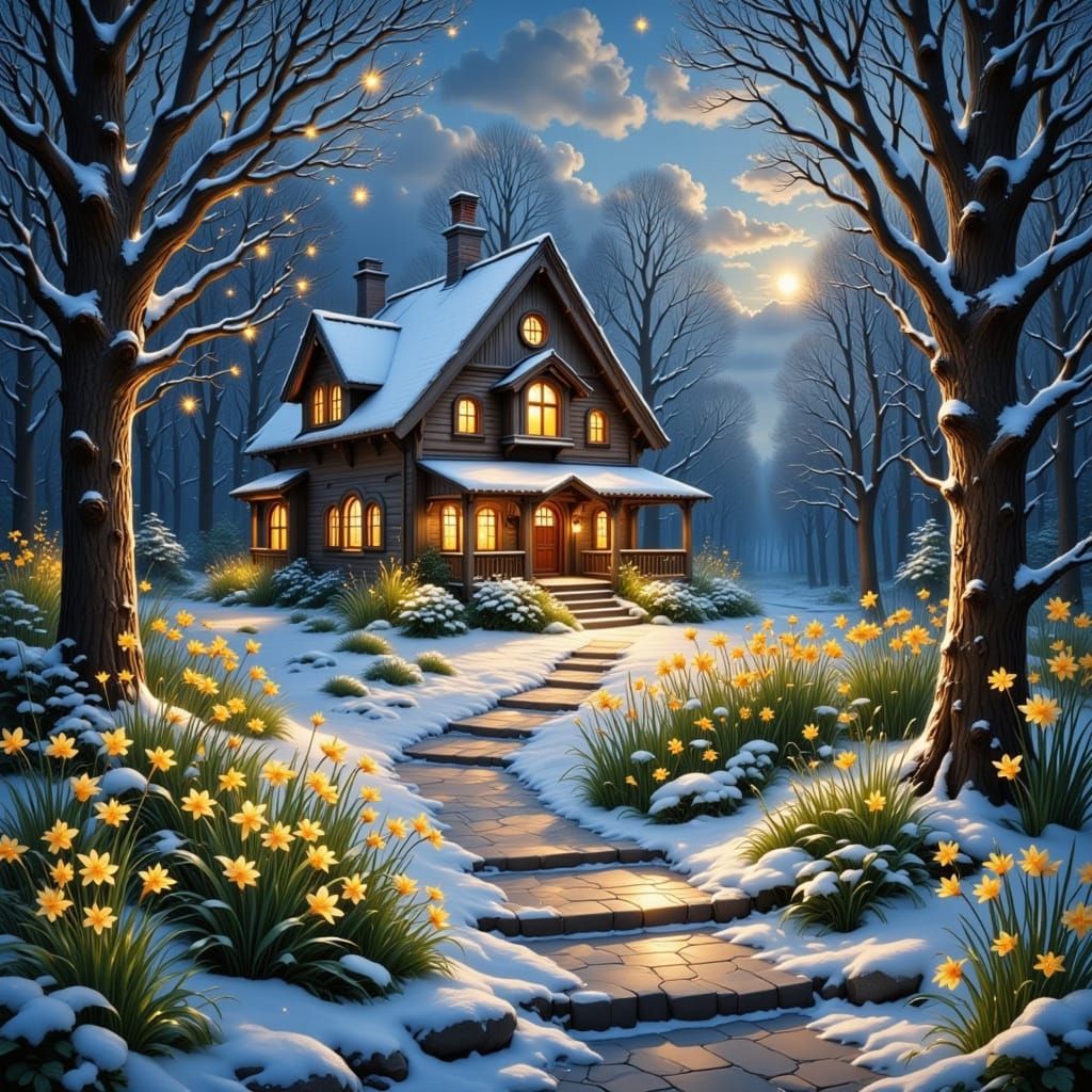 Radiant Home in Winter Forest, Stained Glass Art