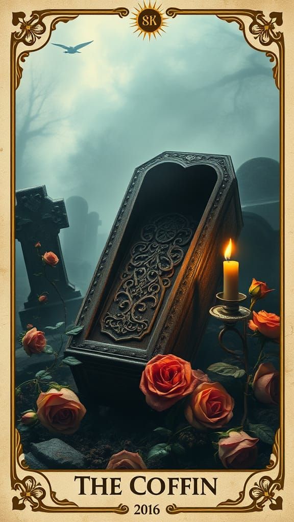 Create a Lenormand card featuring "The Coffin" in an oil pai...