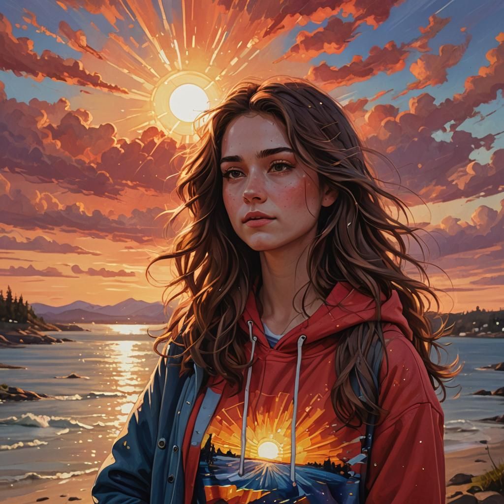 Girl in Sunset: Vibrant Oil Painting