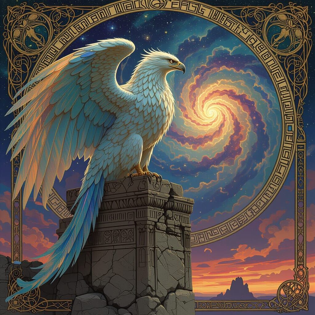 Majestic Griffin Gazes at Nebula from Ancient Observatory