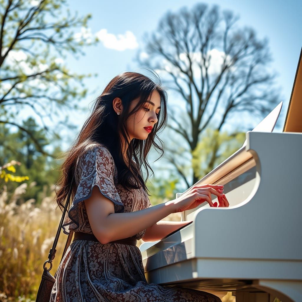 Young Woman Plays Piano on a Summer Day in Hyperrealistic St...