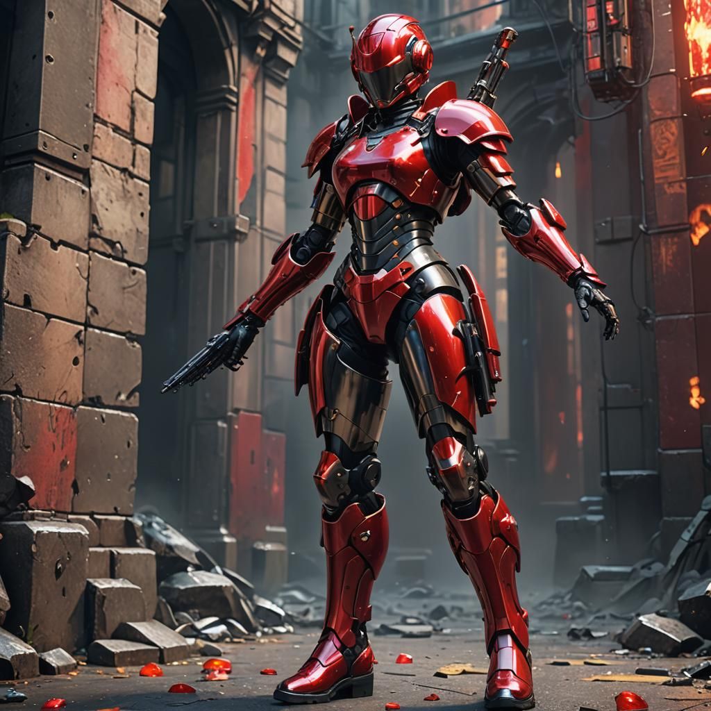 Female Android in Red Armor: Fantasy Concept Art