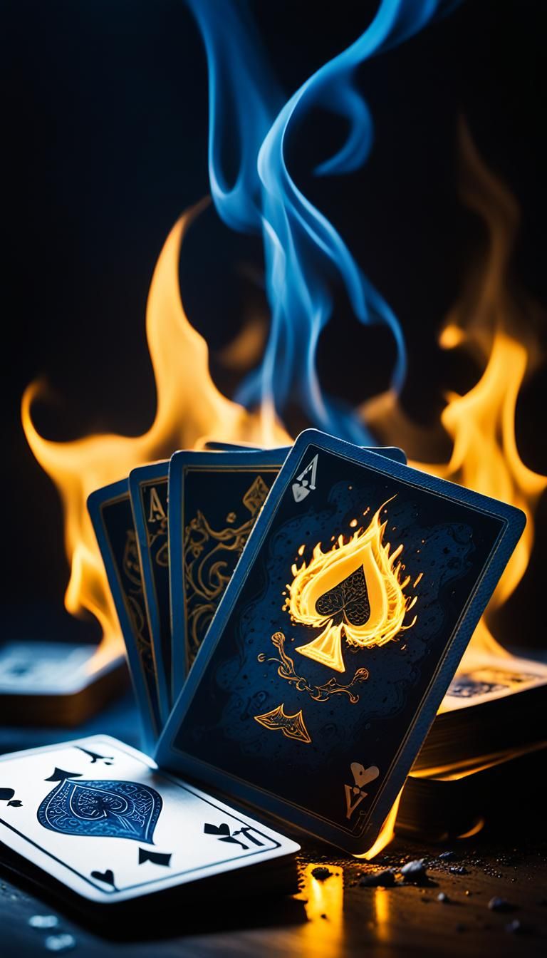 Burning Cards in Neon Noir Style, High Contrast