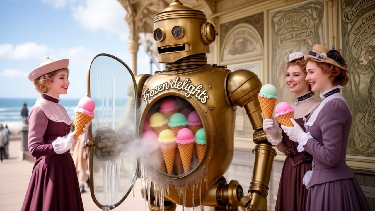 Victorian Robot Sells Frozen Delights on Sunny Promenade