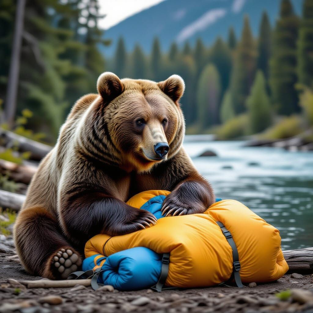 Brown Bear Eats Sleeping Bag by River