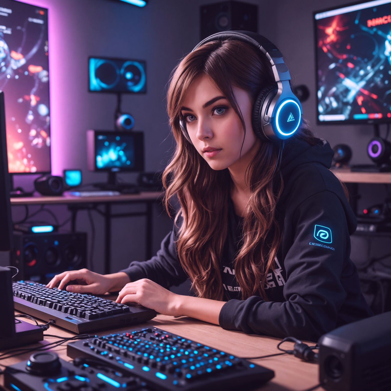 Gamer Girl Immersed in Computer Game