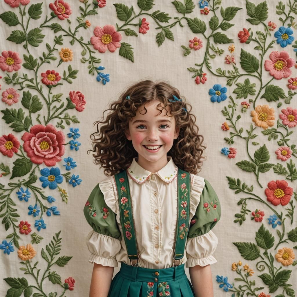 Joyful Girl with Floral Embroidered Skirt