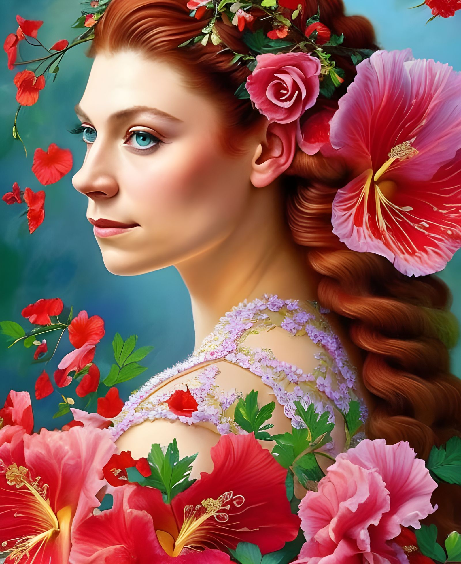 Floral Portrait of Young Woman in Hyperdetail