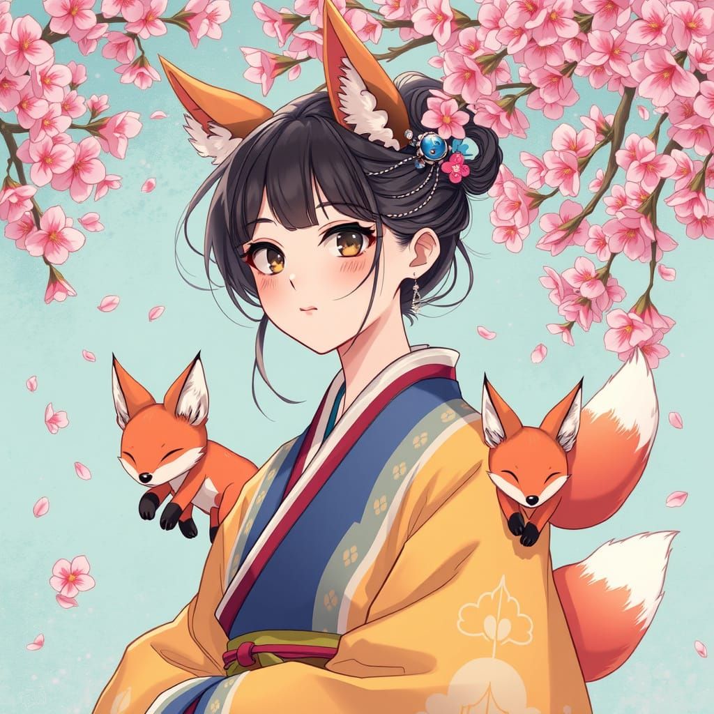Mystical Fox Spirit Teen in Hanbok with Blossoms