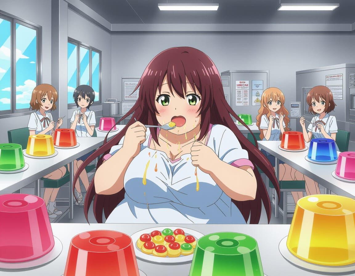Obese Anime Girl Enjoys Jell-O Factory Feast