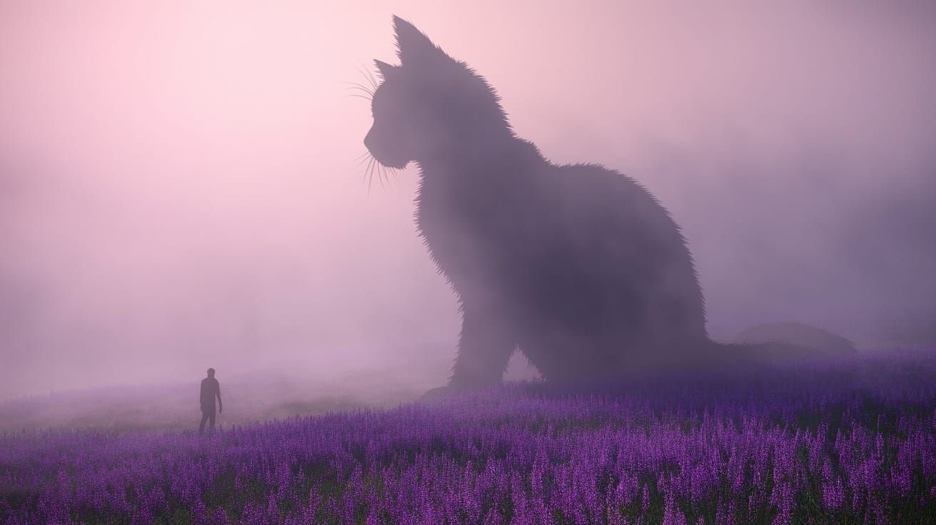 Ethereal Cat Silhouette Dominates Vibrant Purple Dreamscape