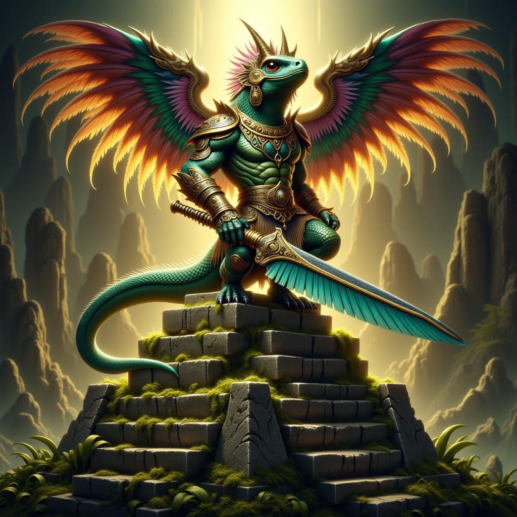 Aztec Lizard Warrior on Temple Pyramid
