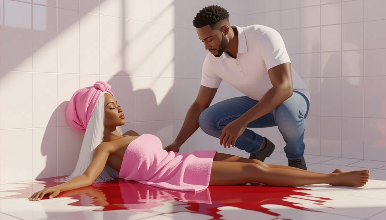 Hyperrealistic Animated Style African Woman in Bathroom Scen...