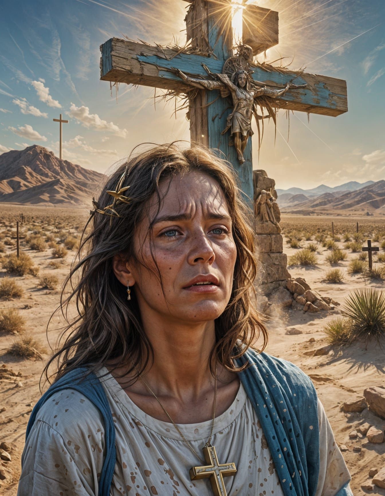 Desolate Desert Scene with Crying Woman and Cross